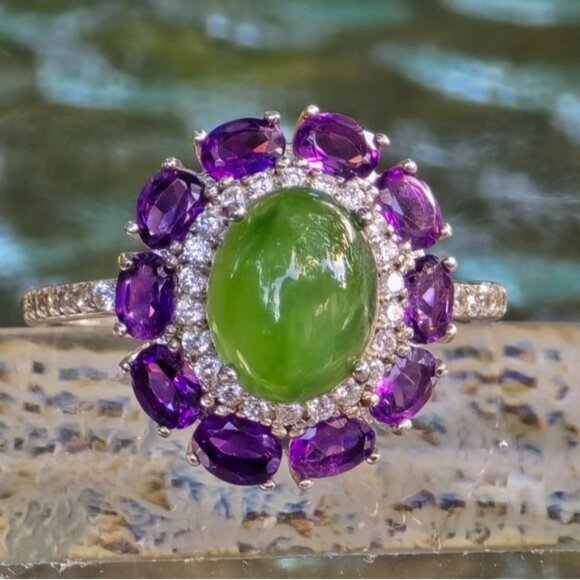 925 Sterling Silver Ring Sz 9 with Natural Jade 8x10mm & Amethyst Gems - Picture 6 of 7